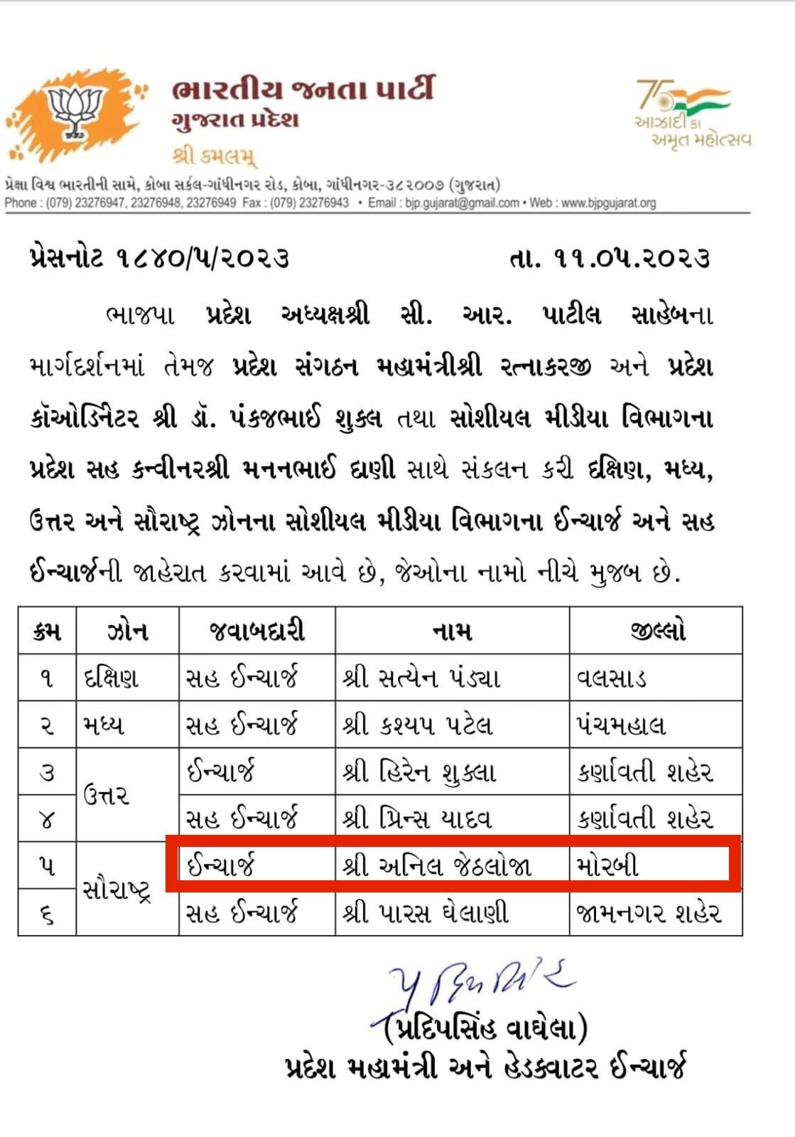 અનિલ જેઠલોજાની ભાજપના સૌરાષ્ટ્ર ઝોનના સોશિયલ મીડિયા ઈન્ચાર્જ તરીકે નિમણૂક