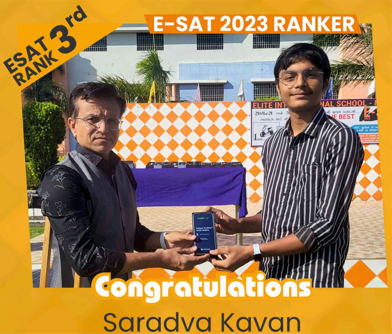 યુગ પરિવર્તનની જબરદસ્ત સંકલ્પના સાકાર કરવા માટે તથા મોરબી જિલ્લાના વિદ્યાર્થીઓને કારકિર્દીલક્ષી યોગ્ય દિશા મળી રહે તે માટે 2nd April,2023 ના રોજ એલિટ એજ્યુકેશન ઇન્સ્ટિટ્યૂટ દ્વારા આયોજિત E-SAT Exam 2023નું પરિણામ જાહેર કરવામાં આવ્યું છે.