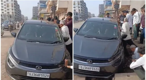 મોરબીના નાની કેનાલ રોડ ઉપર જીવલેણ ખાડામાં તંત્રના પાપે કાર ખાબકી
