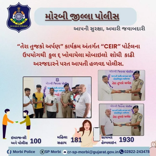 વેલ્ડન હળવદ પોલીસ : તેરા તુજકો અર્પણ અંતર્ગત છ ખોવાયેલા મોબાઈલ શોધીને પરત આપ્યા
