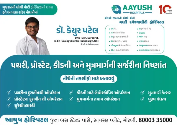 મોરબીની આયુષ હોસ્પીટલમાં યુરોલોજીસ્ટ ડો. કેયુર પટેલની હવે ફૂલ ટાઈમ મળશે